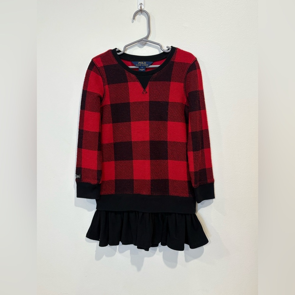 Ralph Lauren Girls Red Buffalo Plaid Ruffle Hem Dress | Size 6